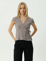 Loula Seersucker Wrap Top - Coffee Check TOP AFENDS 