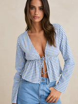 Lola Check Tie Front Long Sleeve Top - Blue TOP RHYTHM 