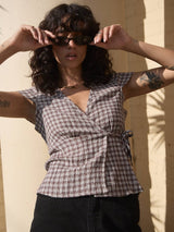 Loula Seersucker Wrap Top - Coffee Check TOP AFENDS 