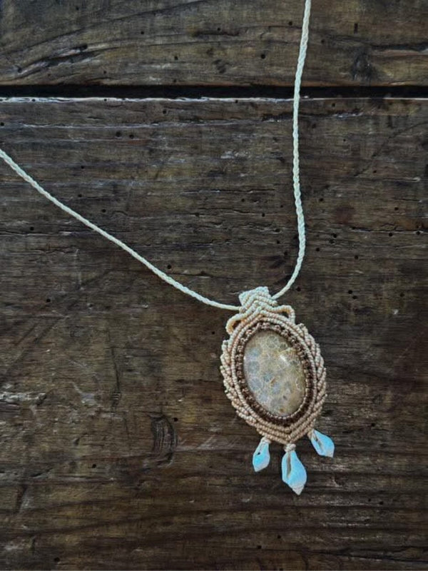 Fossil Coral Macrame Necklace NECKLACES JAHDORA GEMS 