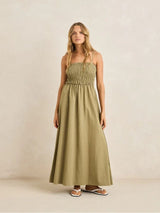 Classic Shirred Midi Dress - Olive MAXI DRESSES RHYTHM 