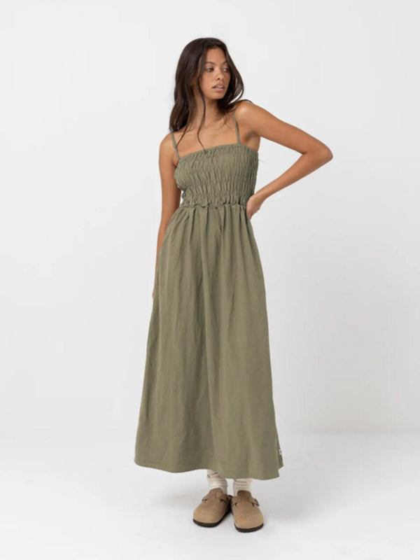 Classic Shirred Midi Dress - Olive DRESSES RHYTHM 