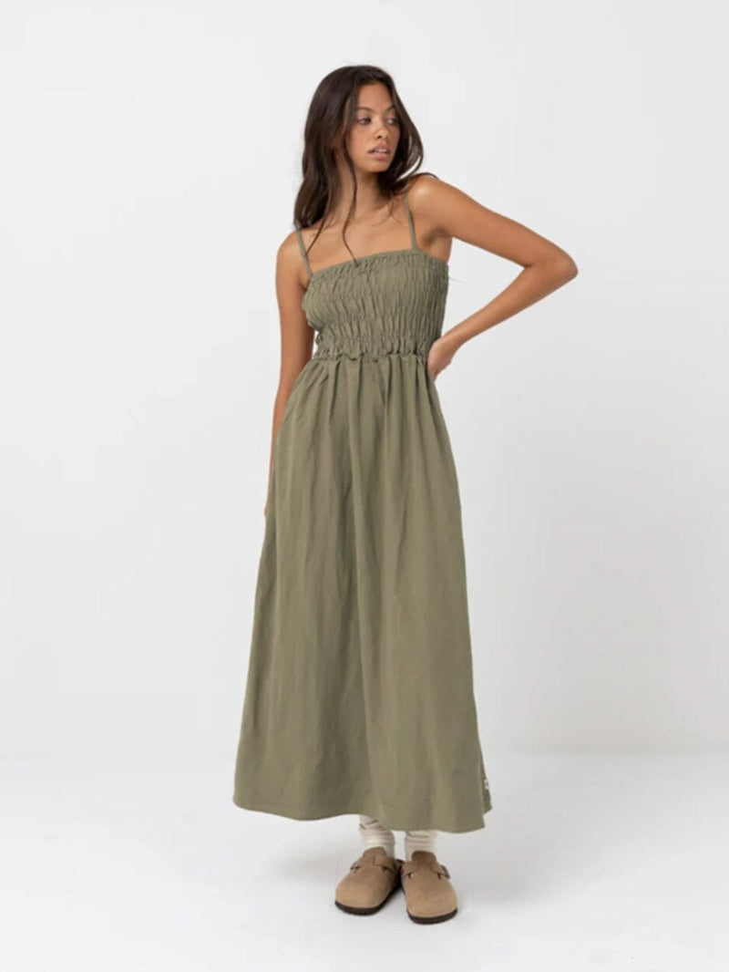 Classic Shirred Midi Dress - Olive DRESSES RHYTHM 